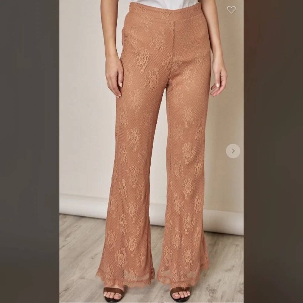 Carmel Floral Lace V Neck Babydoll Top + High Waist Flare Pants Matching Set - Picture 9 of 10